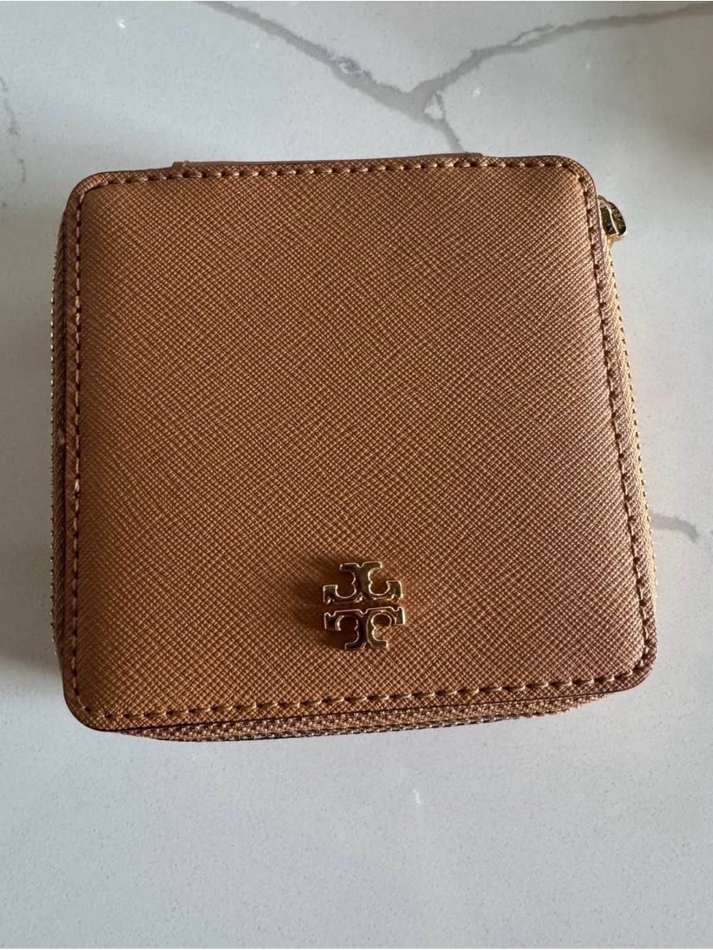 Tory Burch Brown Saffiano Leather Zip-Around Wallet with Gold Logo